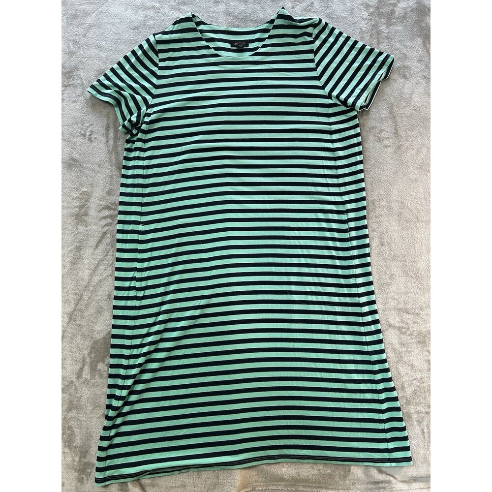 J Jill Wearever Collection Striped T Shirt Dress Medium Mint Green Navy Pockets